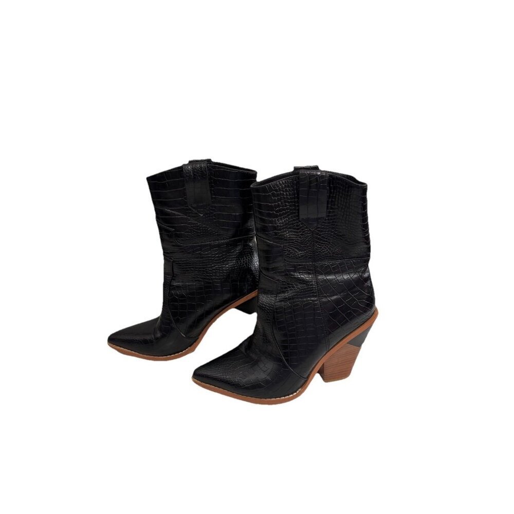 wetkiss Women Western Mid-Calf Boots Embossed Pointed Toe High Heel Black Sz 7.5
